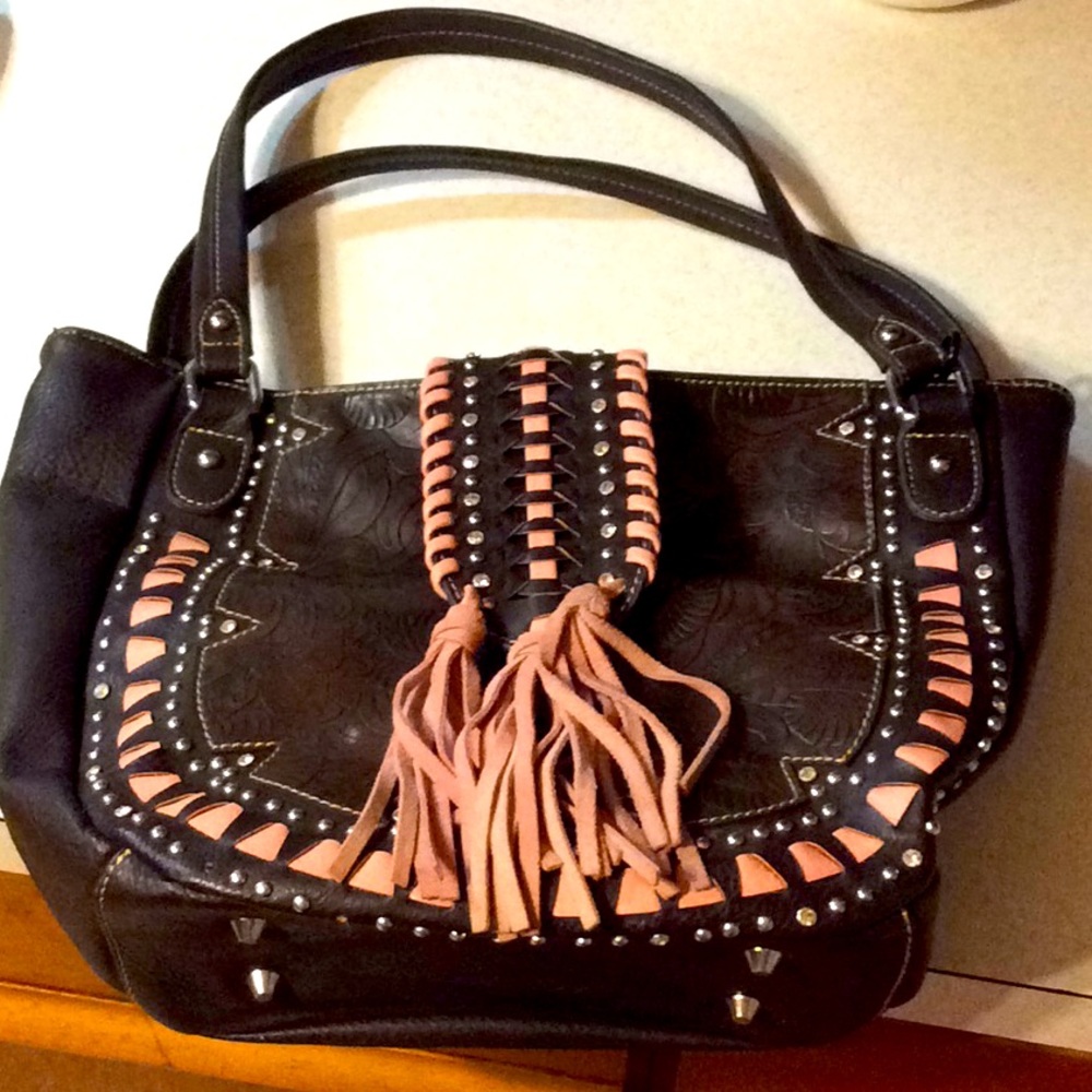 Brown and pink fringe purse